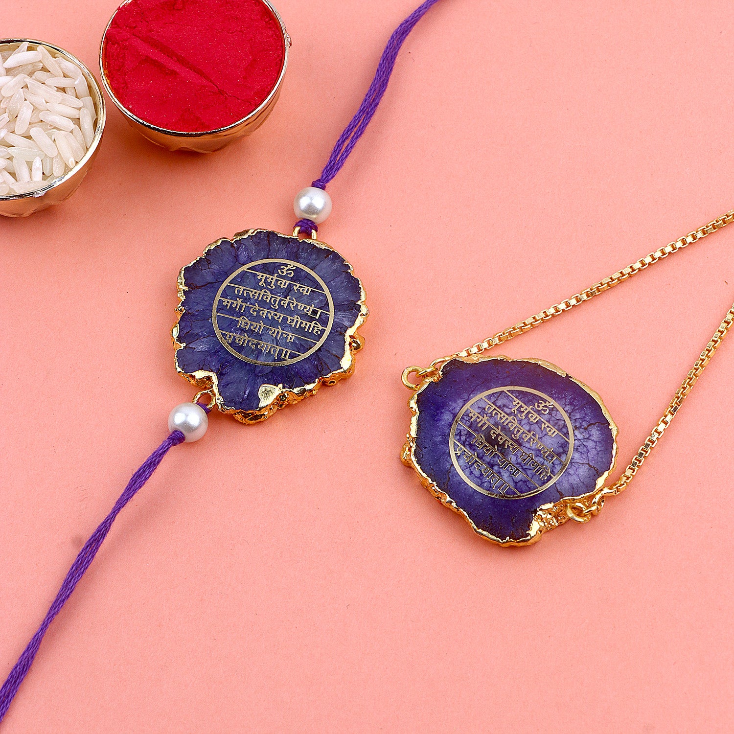 Dazzling Serenity: Bhaiya Bhabhi Agate Stone Rakhi with Gayatri Mantra
