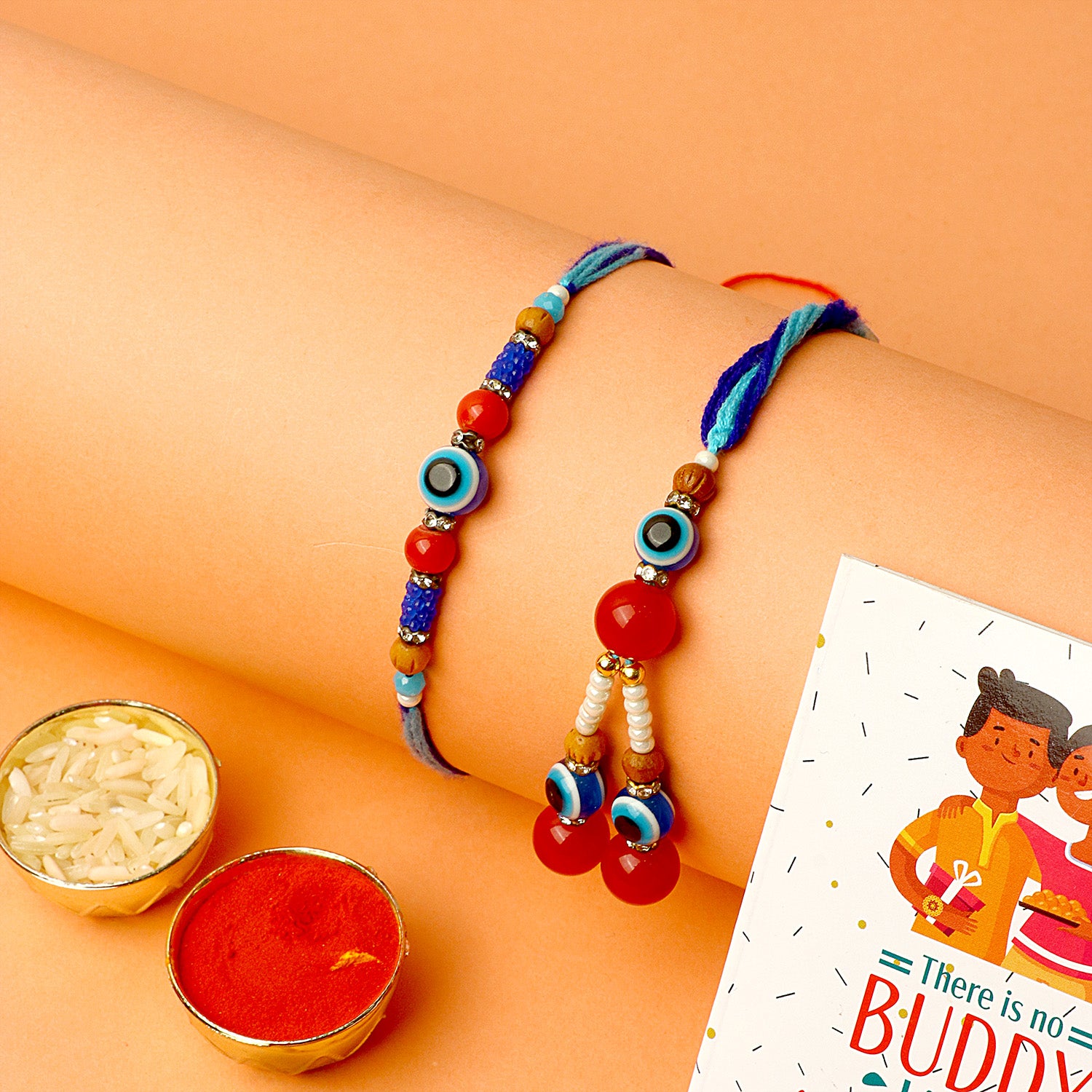 Evocative Evil Eye Beaded Bhaiya Bhabhi Rakhi Set