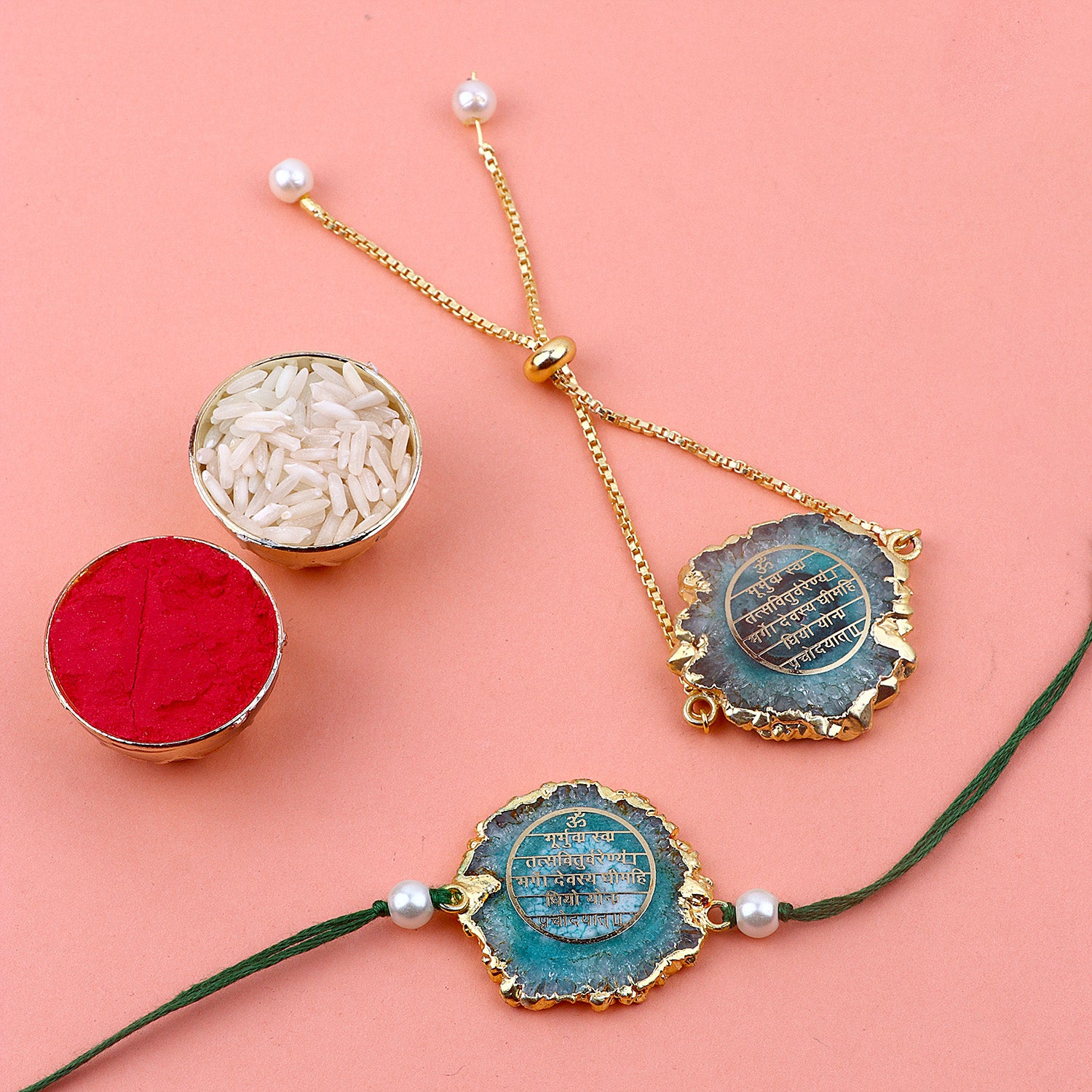 Harmony and Grace: Agate Stone Gayatri Mantra Rakhi for Bhaiya Bhabhi
