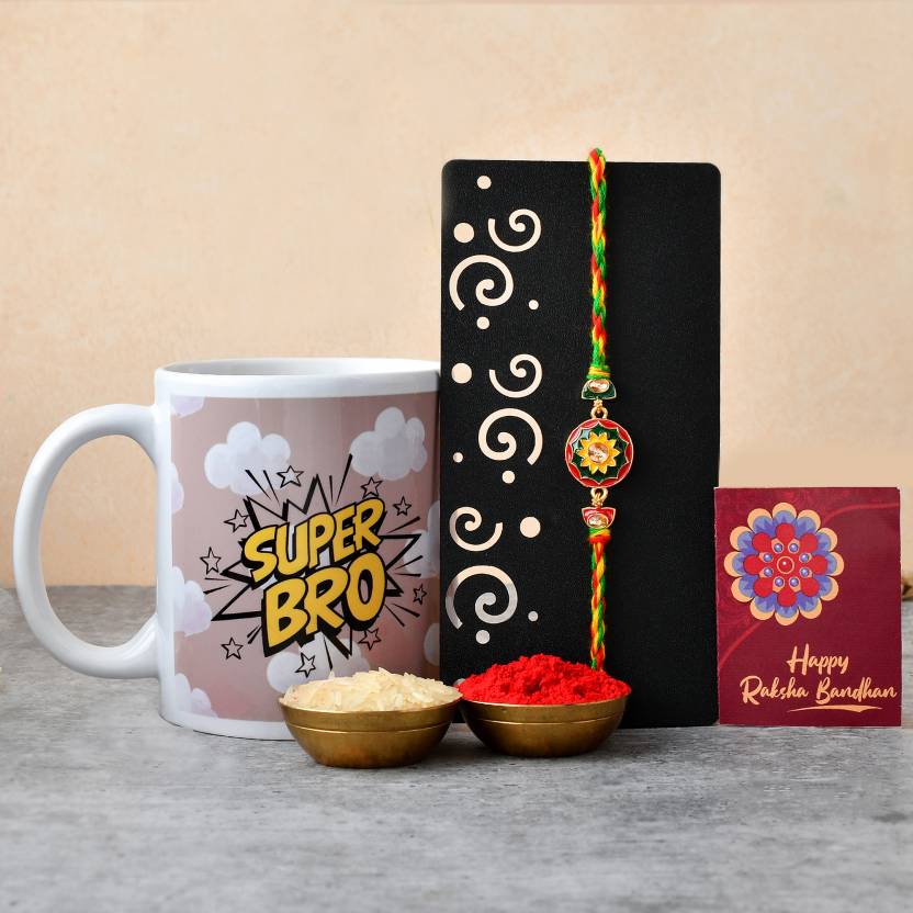 Multi-Colour Designer Rakhi With Printed Coffee Mug and Roli-Chawal Set1 Multi-Colour Designer Rakhi With Printed Coffee Mug and Roli-Chawal Set