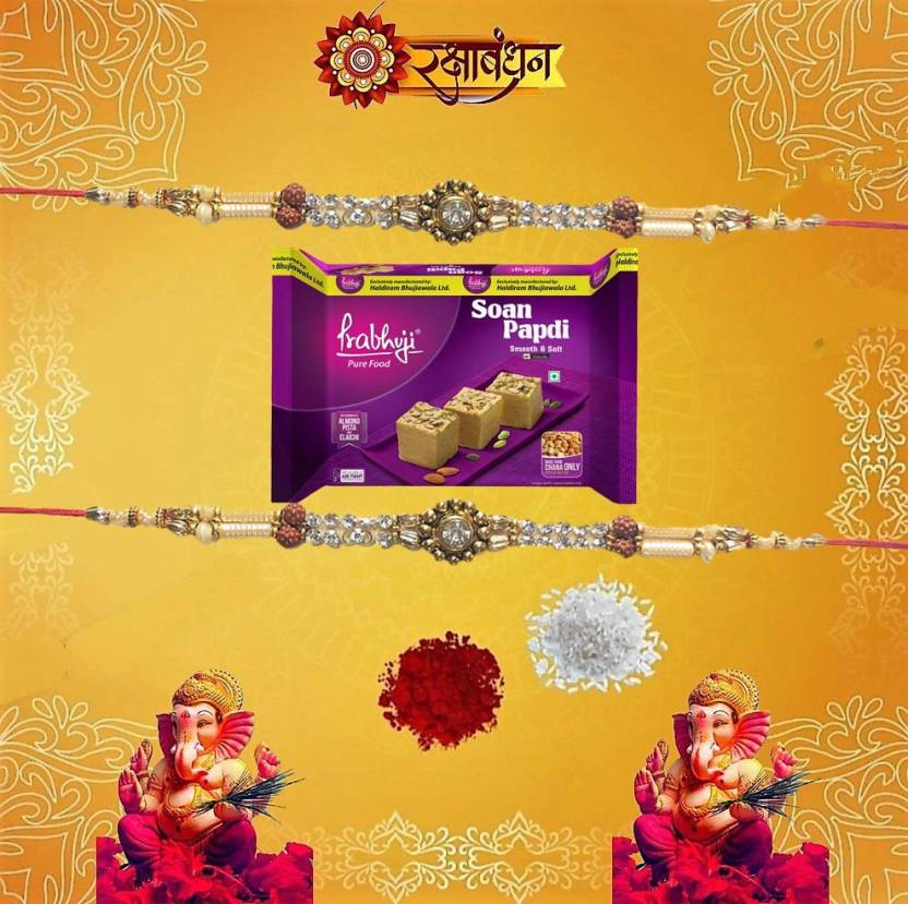 Padmabuja Designer Rakhi and Haldiram's Soanpapdi combo1 Designer Rakhi and Haldiram's Soanpapdi combo