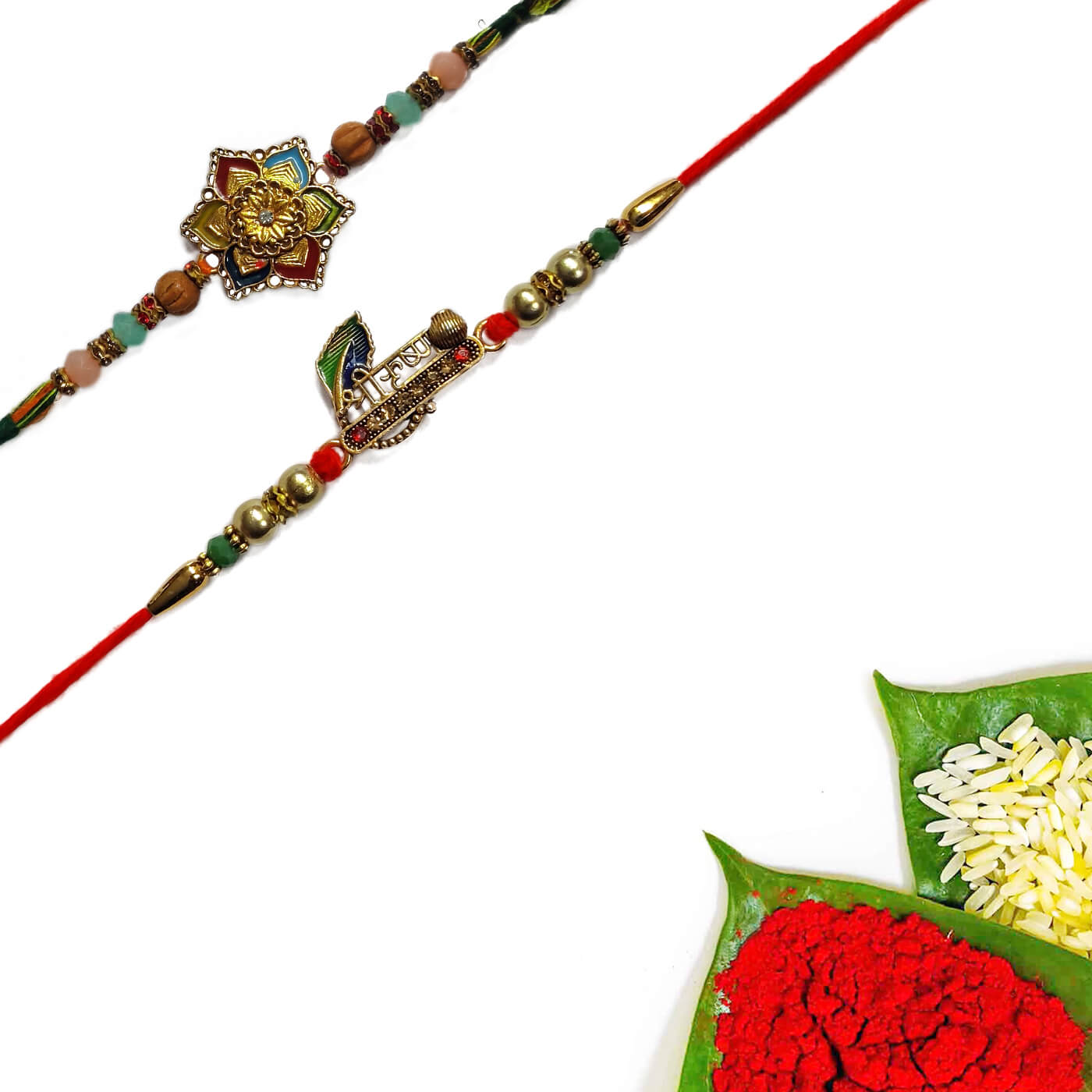 Padmabuja Handicraft Shree Krishna & Colourful Flower Rakhi set of 2 Padmabuja Handicraft Shree Krishna & Colourful Flower Rakhi set of 2