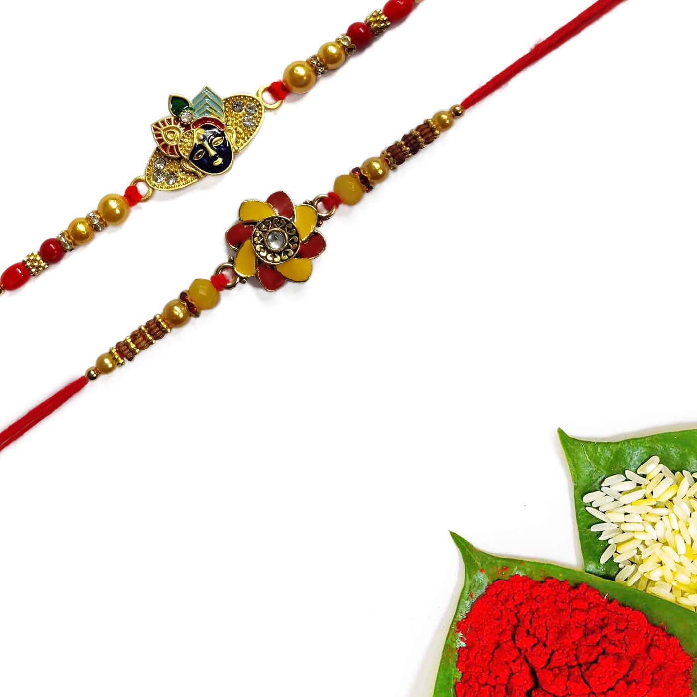 Set Of 2 Krishna Face And Floral Rakhi Krishna Face And Floral Rakhi Set of 2
