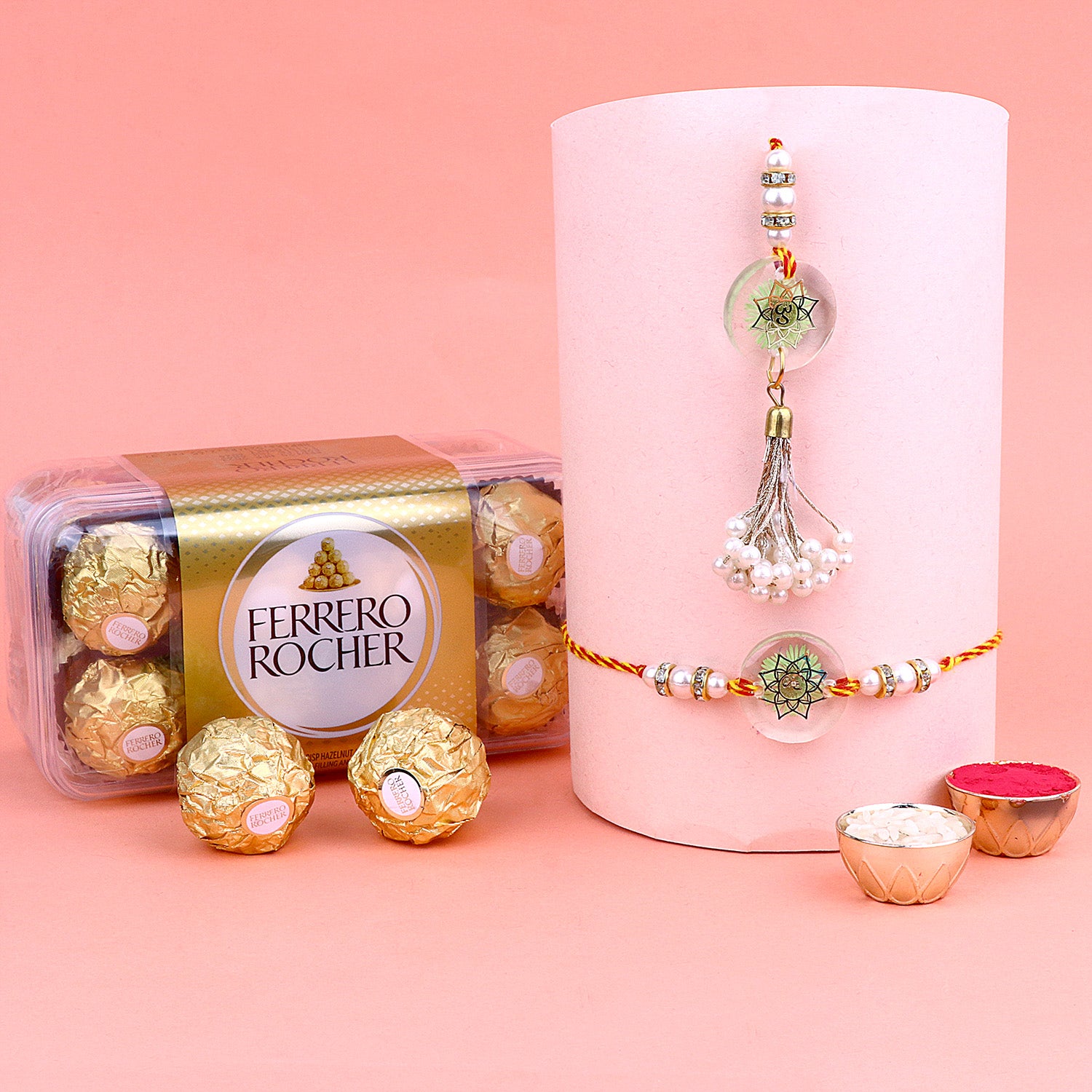 Designer Bhaiya-Bhabhi Rakhi With Ferrero Rocher Designer Bhaiya-Bhabhi Rakhi With Ferrero Rocher